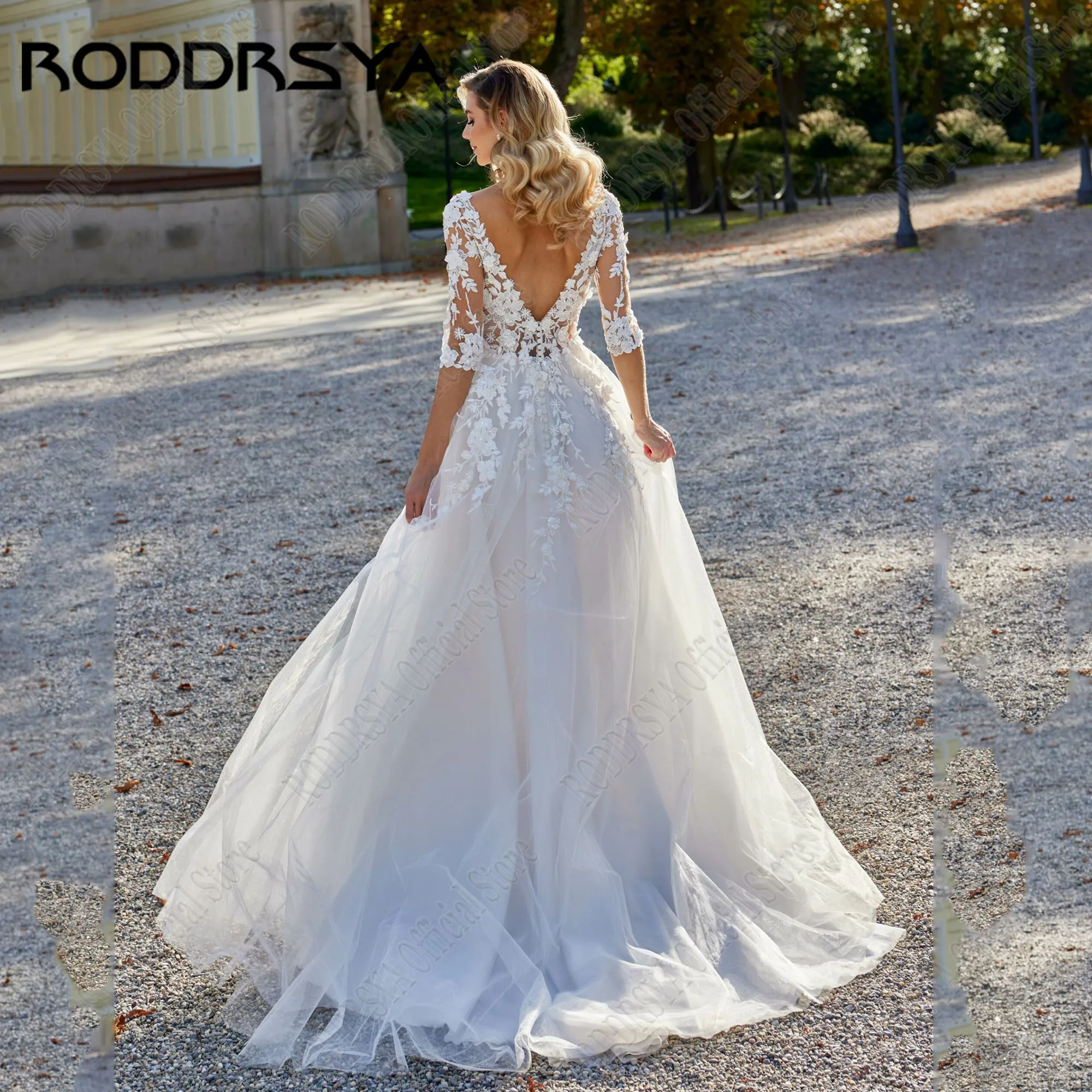 RODDRSYA coop فستان زفاف العروس فاخر صوفي بأكمام عاري الظهر مزين بالدانتيل Vestidos De Novia a-line مطرز بالترتر مخصصفستان الزفاف الفاخرة 2024 3 / 4 كم الدانتيل العارية الشارات صدرية دي نوفيا خط الترتر