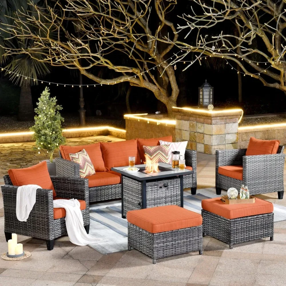 Fire Pit Table Outdoor Heating with Comfy Cushions All Weather High Back Couch Conversation Set Outdoor Wicker Rattan Sofa Sets