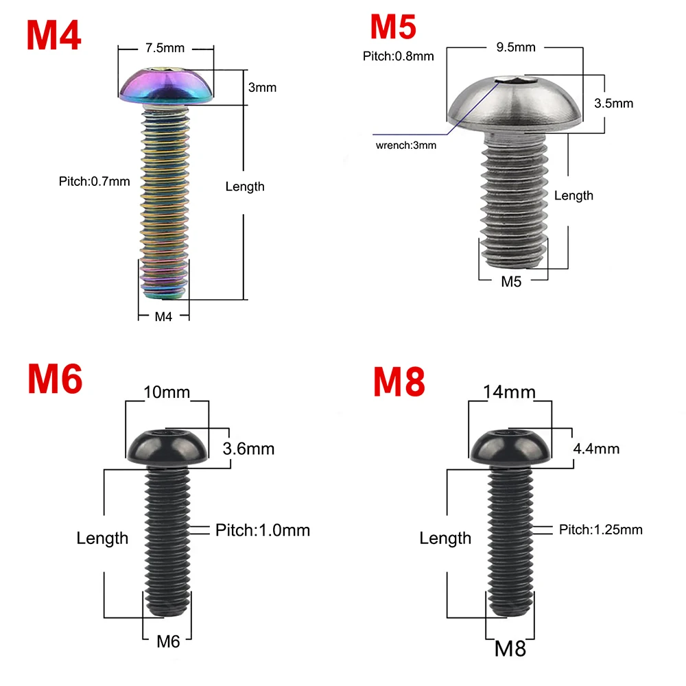 1pc Titanium Ti Bolt M4 M5 M6 M8 x 6/8/10/12/15/16/18/20/25/35mm Round Hexagon Socket Button Head Screw for Bicycle Bottle Cage