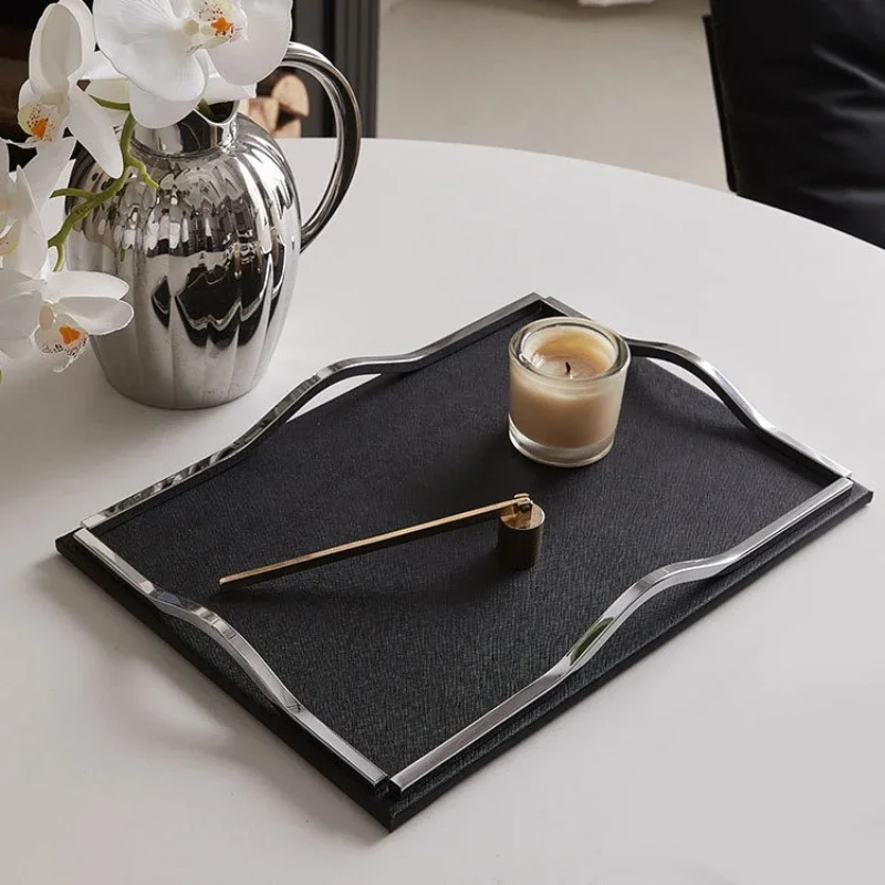 Luxury Storage Tray Modern Metal Leather Rectangular Trays Minimalist Art Aesthetics Plates Home Bathroom Storage Organization