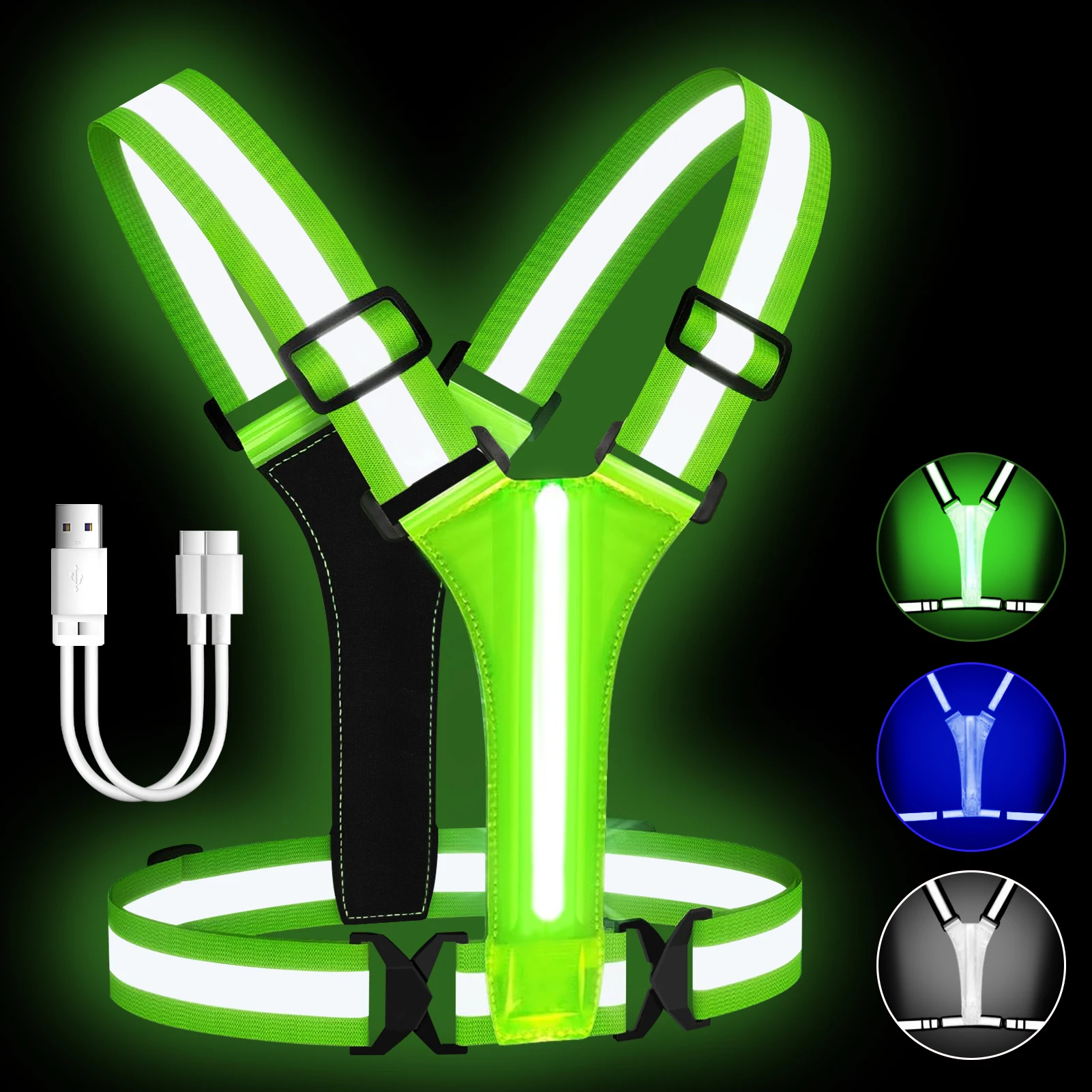 LED Night Running Vest Reflective Cycling Walking Highlight Security Vests USB Rechargeable Safety Straps for Kids Adults Biking