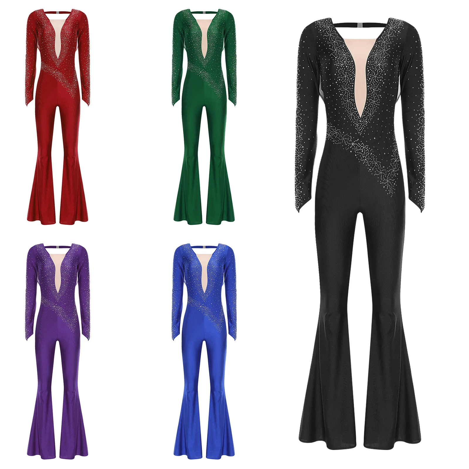 Womens Artistic Gymnastics Figure Skating Costume Ballet Dance Jumpsuit Romper Long Sleeve Shiny Rhinestones Latin Dancewear