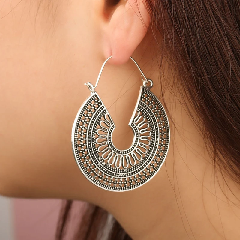 Ancient Tibetan Vintage Hollow Carving  Flower Ornate  Drop Earring Women Bohemia Dangle Earrings Summer Fashion Jewelry