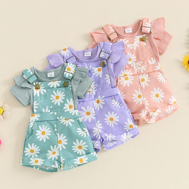 

2024-04-11 Lioraitiin Baby Girls Shorts Set, Short Sleeve Romper with Flower Print Suspender Shorts Summer Outfit