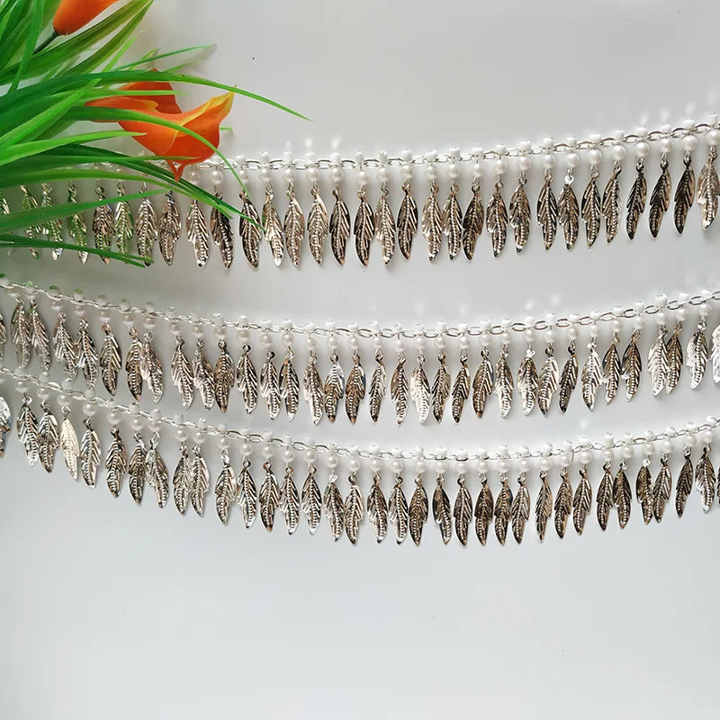 

91cm Handmade Shiny Silver Leaf Lace Trim Waist Chain 4.5cm Wide Belly Dance Stage Costume Accessory Ethnic Decorative