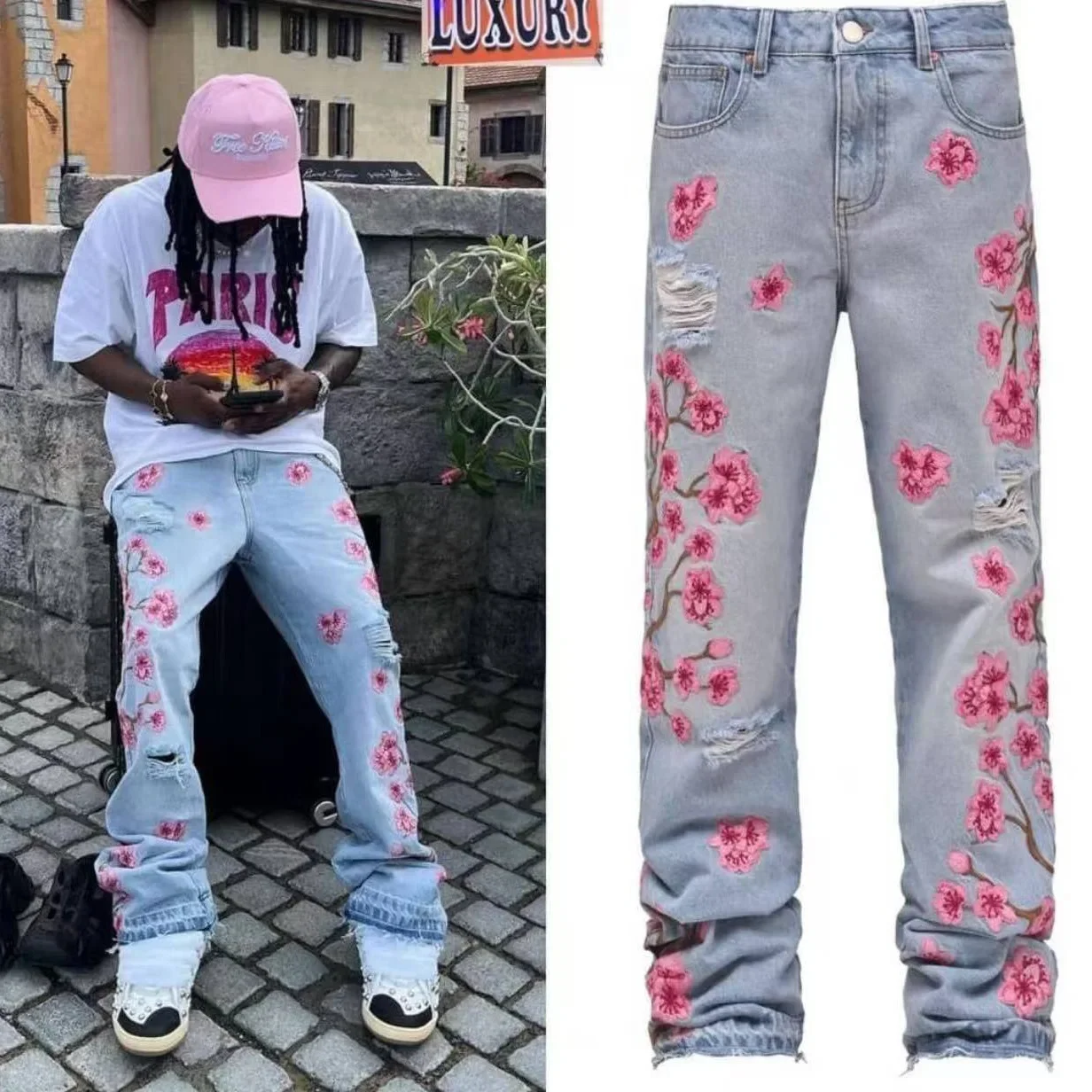 

Fouer Seasons Men's Pink Flower Embroideried Loose Vintage Jean Pants Casual Trendy Wide Leg Straight Denim Trousers Men's Pants