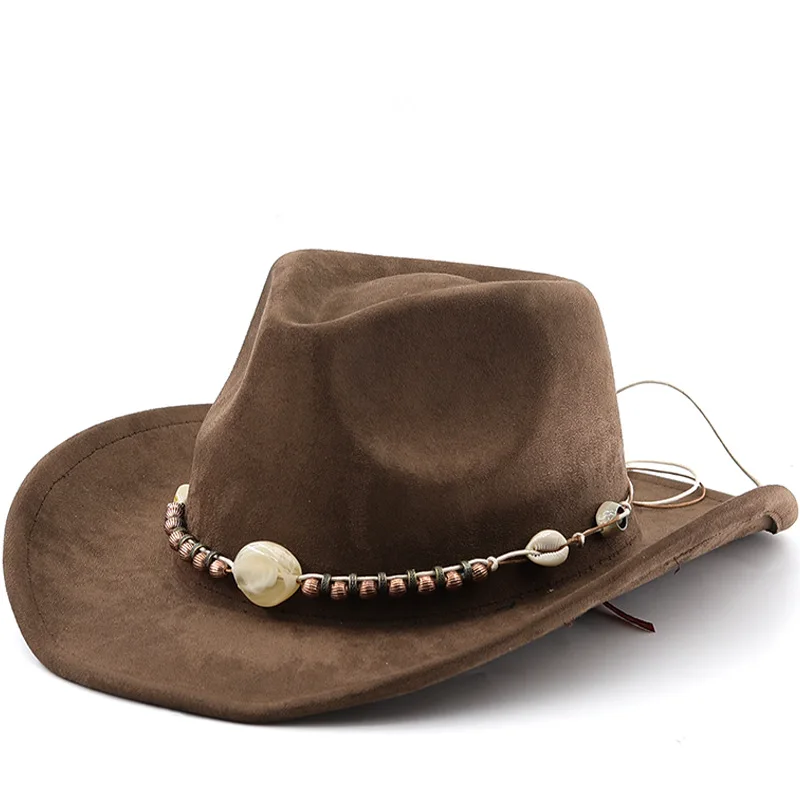 

Suede Upturned Edge Western Cowboy Hat Men Women White Jade Bead Belt Rolled Brim Ethnic Bohemian Style Top Hat Felt Hat