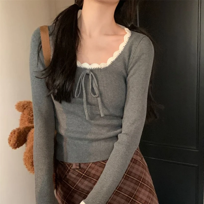 Women Grey Unique‑Niche Knit Top Lady Lace‑Trim‑Spliced Minimalist Slim Cropped Versatile Long‑Sleeve Fashion Knit Top