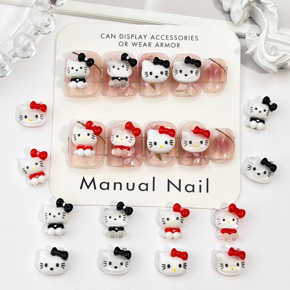

20Pcs Cartoon Sanrio Hello Kitty Resin Nail Art Accessories Kawaii Ice Transparent Black Red Bowknot Diy Manicure Charms Crafts