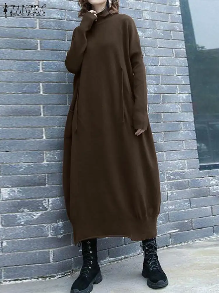 ZANZEA Autumn Knitted Dresses Women Casual Loose Long Robe Korean Fashion Oversize Long Sleeve Turtleneck Midi Dress Streetwear