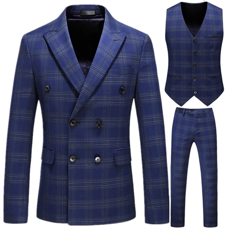 Men\'s Stripe Suit High Quality Gentleman Double Breasted Blazer 3 Pcs Set Slim Fit Wedding Male Blazer Jacket Coat Pants Vest