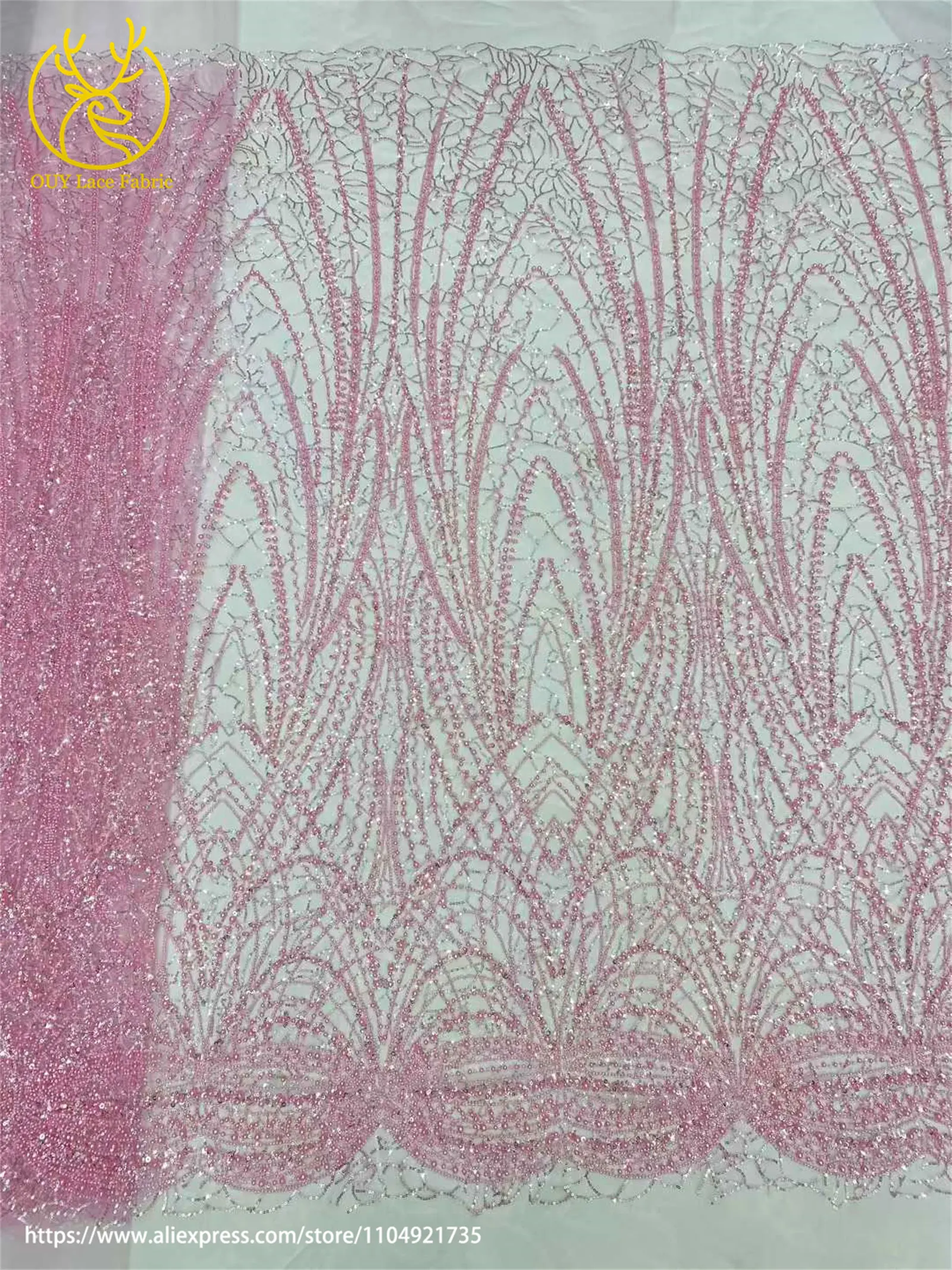 Wunderschöner Modischer Afrikanischer Nigerianischer Perlen-Spitzenstoff 2026 Rosa Französischer Pailletten-Spitzenstoff zum Nähen von Hochzeits- und Partykleidern – Detail 9