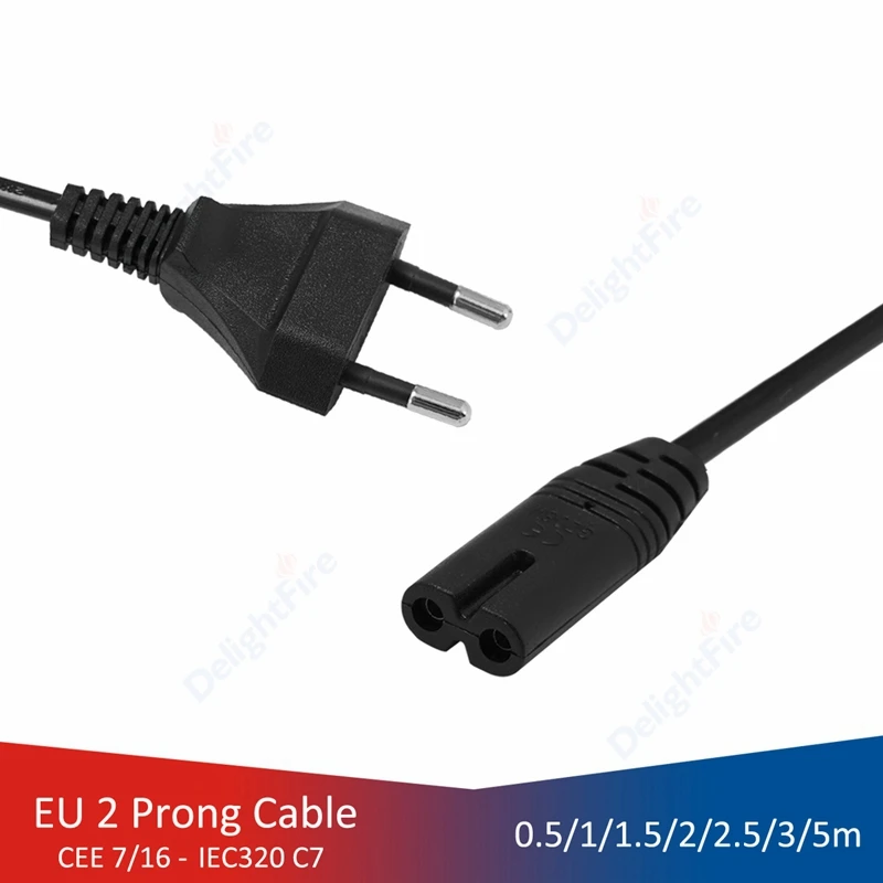 EU Plug AC Power Supple Cable 2 Prong Type C IEC C7 Figure 8 Power Adapter Cord For TV PC Monitor Dell Laptop Charger Printer