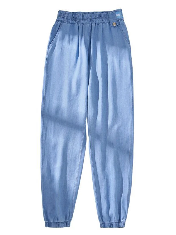 

Модные повседневные тонкие джинсы из ледяного шелка, свободные женские летние новые брюки больших размеров, длинные хлопковые брюки из полиэстера и груши...