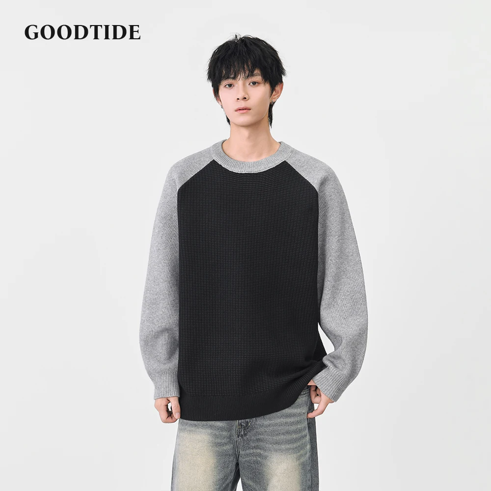 

2025 Winter Fashion Men's Casual Crew Neck Sweater Contrast Raglan Sleeve Waffle Knit Pullover Soft Long Sleeve Jumper Top