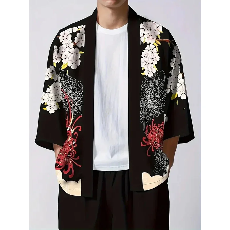 WU01 Flower Cat 3D Graphic Print Men's Spring Summer Shirt, Japanese Kimono, Retro Men's Casual Cardigan Top, Creative GiftJk5*！