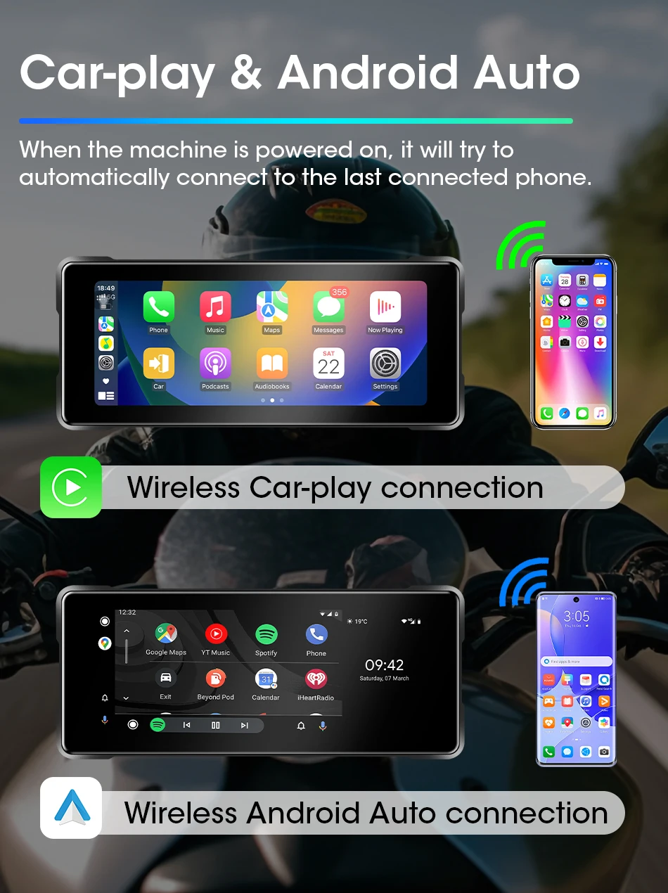 Vtopek For Motorcycle, 6.86 inch Waterproof Touchscreen, Portable Carplay/Android Auto GPS Navigation, Dual Bluetooth Monitor