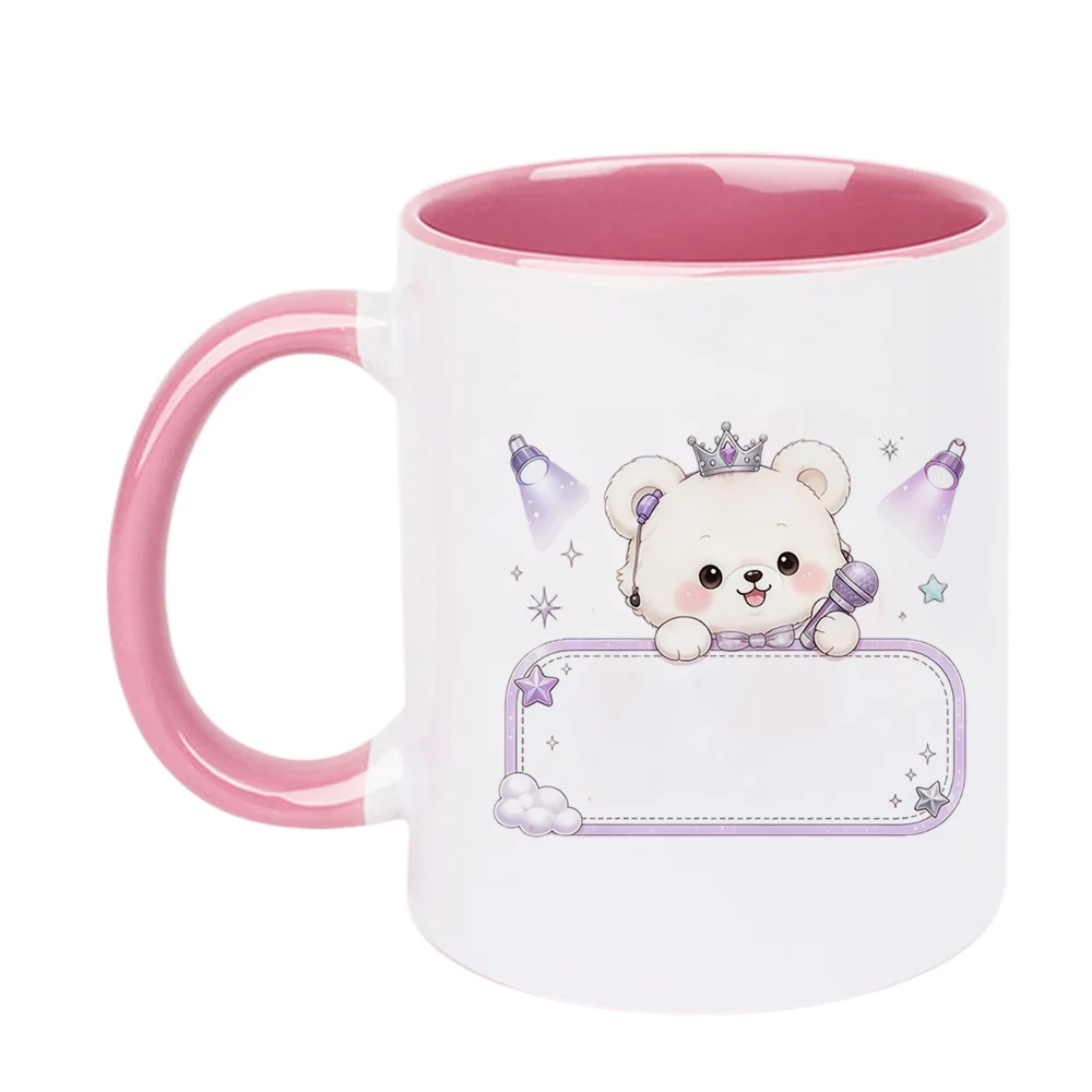11oz Ceramic Coffee Mug with Cute White Bear Princess Crown Microphone Print for Home Party Office Drinking Birthday Holiday Pre