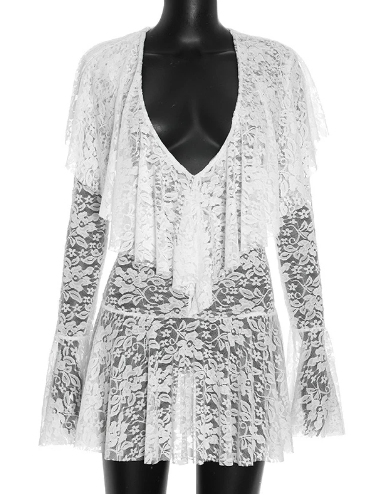 Tossy sexy renda oco para fora profundo decote em v mini vestido para mulher transparente cintura alta babados retalhos cobrir feminino 2025 vestido