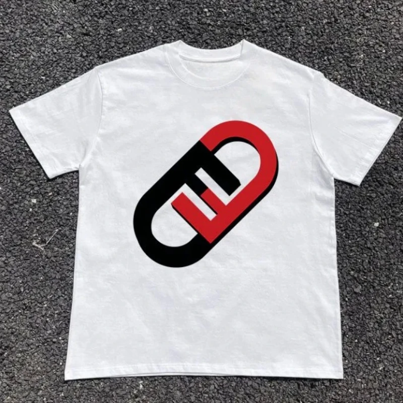 Men's Black Streetwear Tee with Red & White Geometric Link Logo - Oversized Hip Hop Summer Top