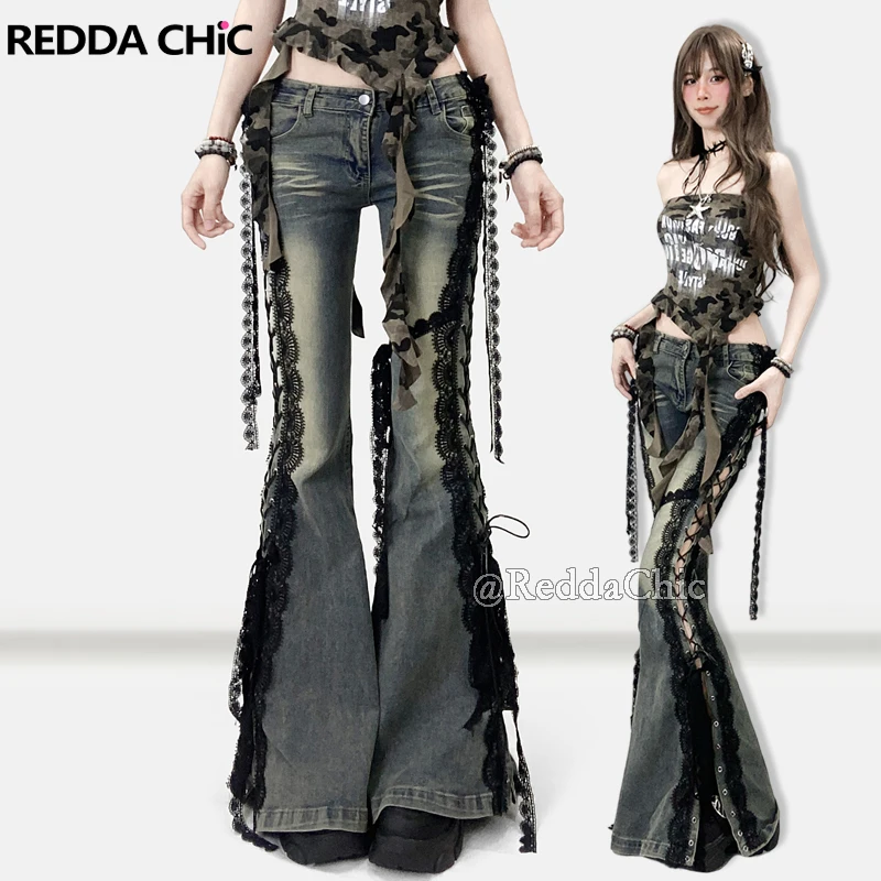 

REDDACHiC Y2k Low Waist Strappy Jeans Bell Bottoms Retro Stitch Lace Hollow Eyelets Split Stretch Bootcut Pants Women Streetwear