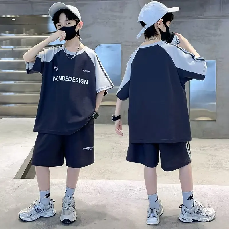 Summer Boys Cotton Loose Contrast Alphabet T-Shirt Tops+Shorts Pant School Kids Tracksuit Child 2PCS Outfit Workout Set 5-16 Yr