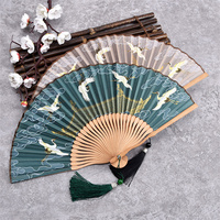 1pcs Hand Held Fan Crane Print With Tassels Chinese Style Vintage Hand Fan Folding Fans Dance Wedding Party Painting Home Decor