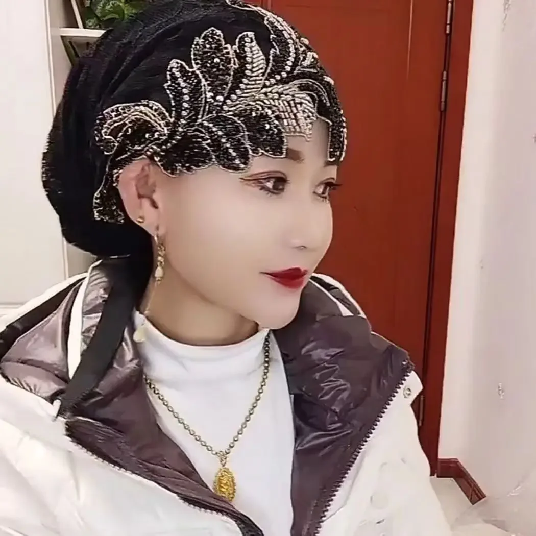 Moda pizzo ricamo berretti berretto con perline turbante hijab sottoscocca donne musulmane cappello cofano berretti fascia per capelli foulard fascia