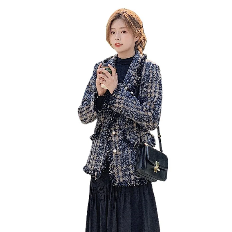 

Women's plaid beaded tweed jacket 2024 new spring and autumn season jacket with a small fragrance top