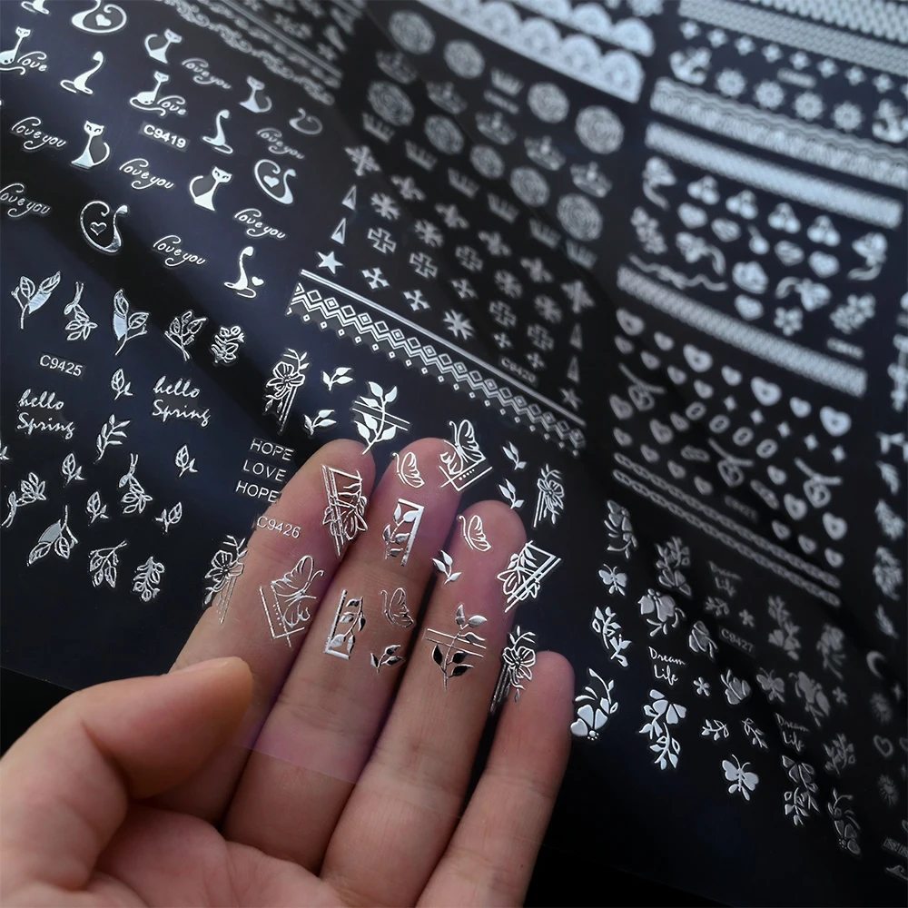 30pcs Sliver Heart/Moon/Star Shaped Nail Art Stickers 3D Adhesive Glittery Lace Grid & Leaf Pattern Design DIY Nail Art Sliders