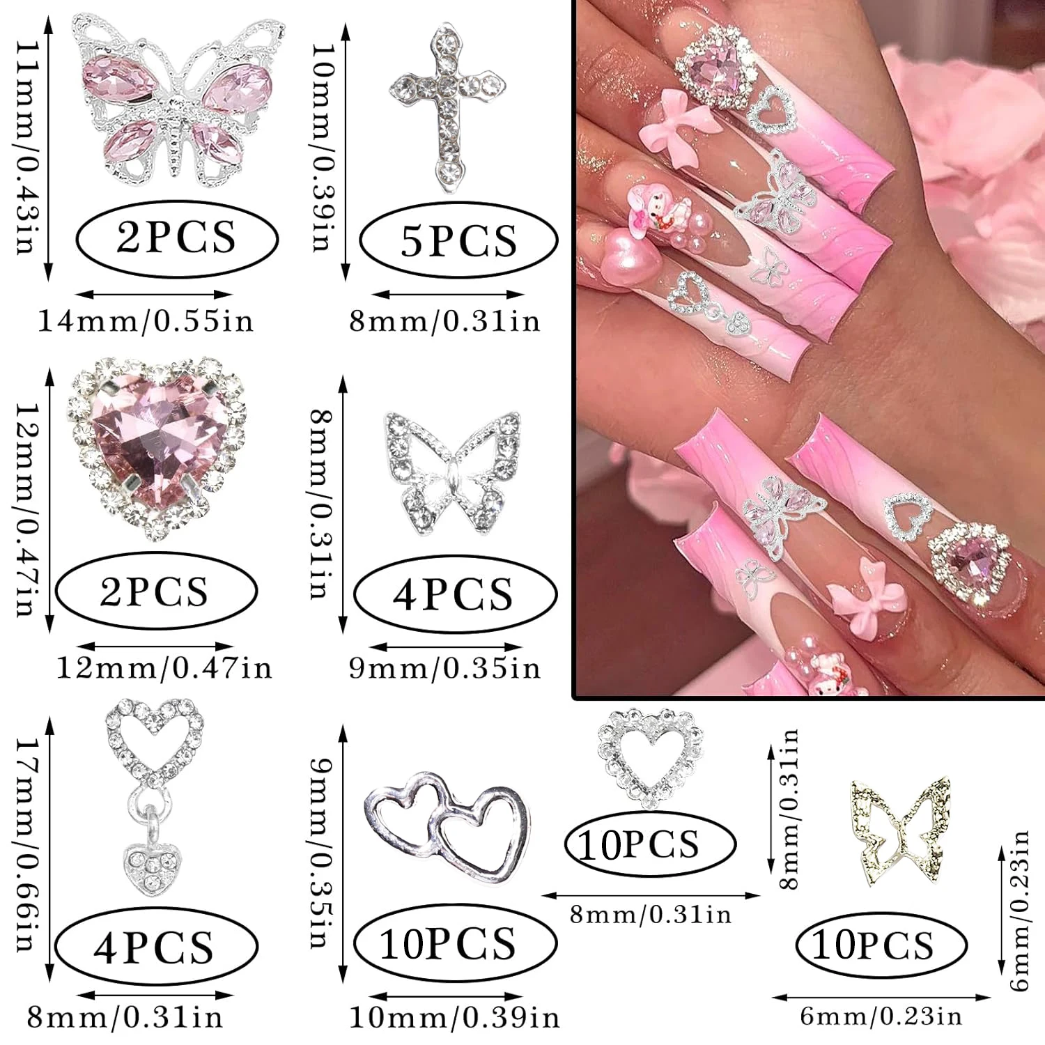 47PCS 3D Butterfly Nail Charms Silver Cross Nail Art Charms Dangle Heart Charms for Nail Heart Nail Gems Luxury Nail Jewelry