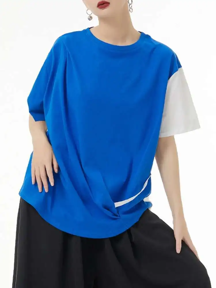 

Женская синяя плиссированная футболка большого размера неправильной формы с цветными блоками, новая модная футболка с круглым вырезом и коротким рукавом, весна-лето