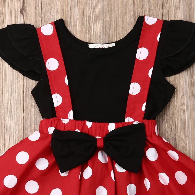 RUEWEY 6 Months to 3 Years Baby Girls Fashion Dress Set Flying Sleeve Round Neck Short Sleeve Top Wide Strap Polka Dot Skirt