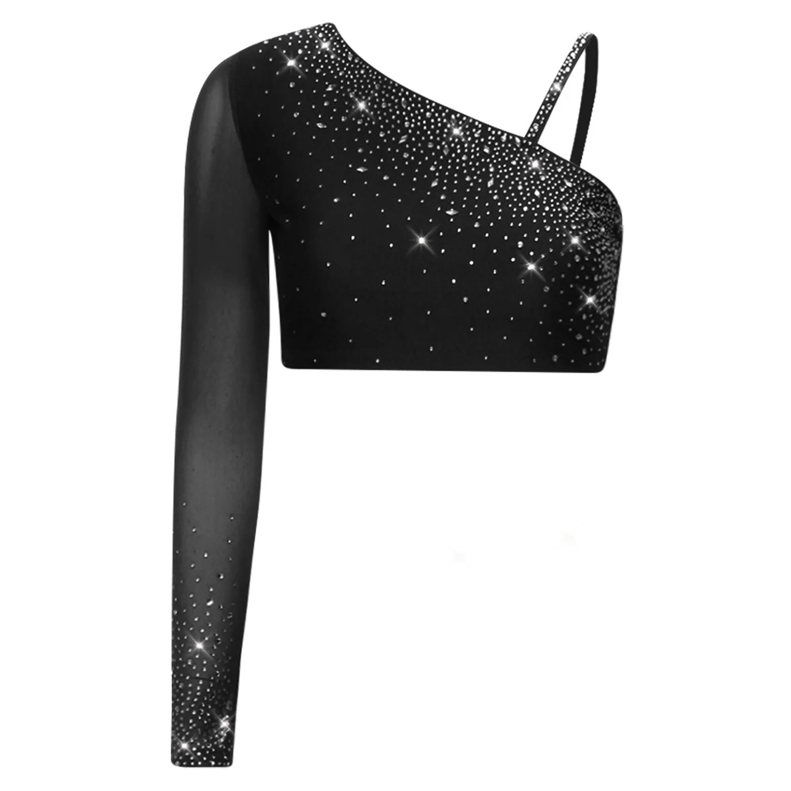ผู้หญิง Lyrical Dance Crop Tops หนึ่งตาข่ายแขนยาว Rhinestones Pullover Cropped เสื้อยิมนาสติกสเก็ต Modern Dancewear