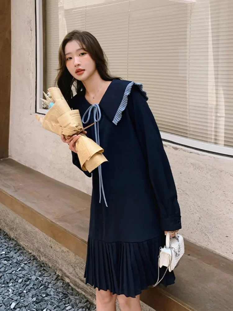 

Women's Dress Sailor Collar Lace-up Full Sleeves Pleated Hem Deisgn A Line Sweet Dresses Female New Fashion 2DC1514