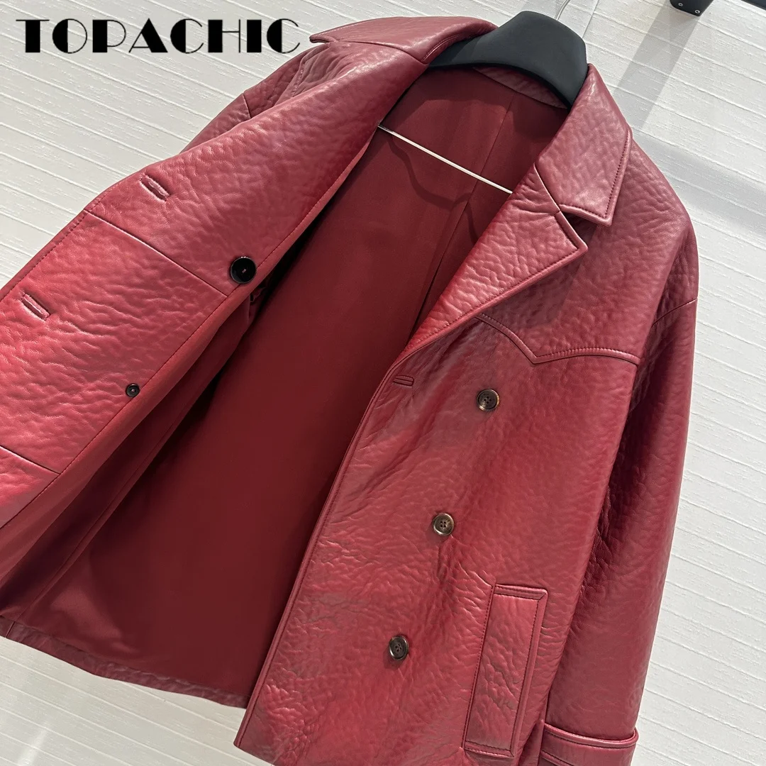 7.15 TOPACHIC-Women Fashion Vintage Double Breasted Sheepskin Blazer Coat Back Letter Brand Lapel Loose Genuine Leather Jacket