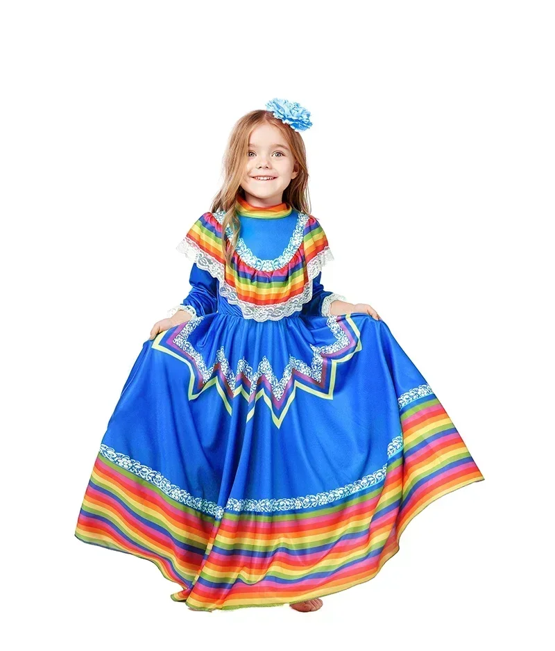 Girls Mexican Traditional Dress National Princess Costume Halloween Carnival Birthday Party Fancy Dress Flamenco Dance Skirt