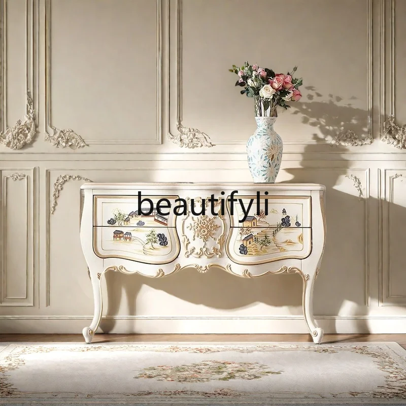 

French light luxury painted porch cabinet entry foyer wall storage decoration, European villa carved drawer cabinet