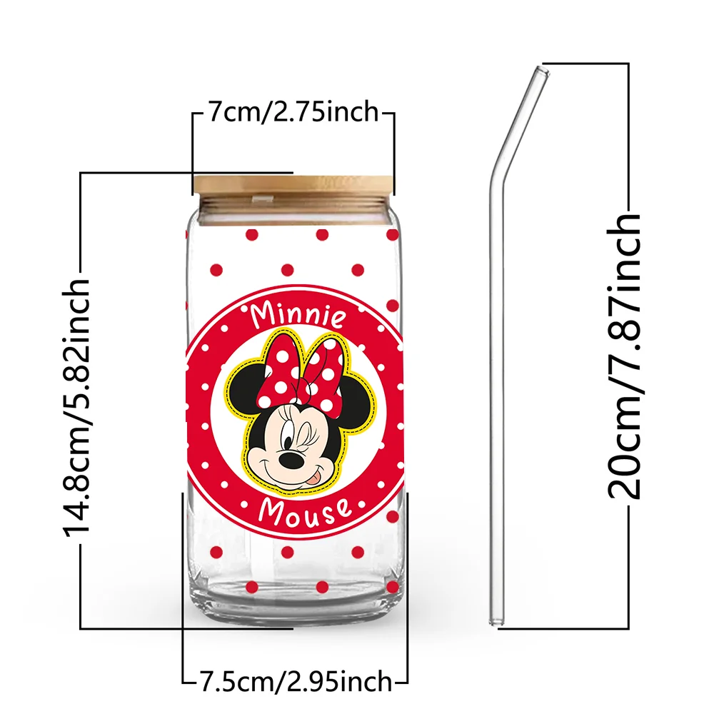 1pc 16oz Disney Minnie Mouse Borosilicate Glass Tumbler with Lid & Straw Cute Summer Cup for Iced Coffee Juice Perfect Gift