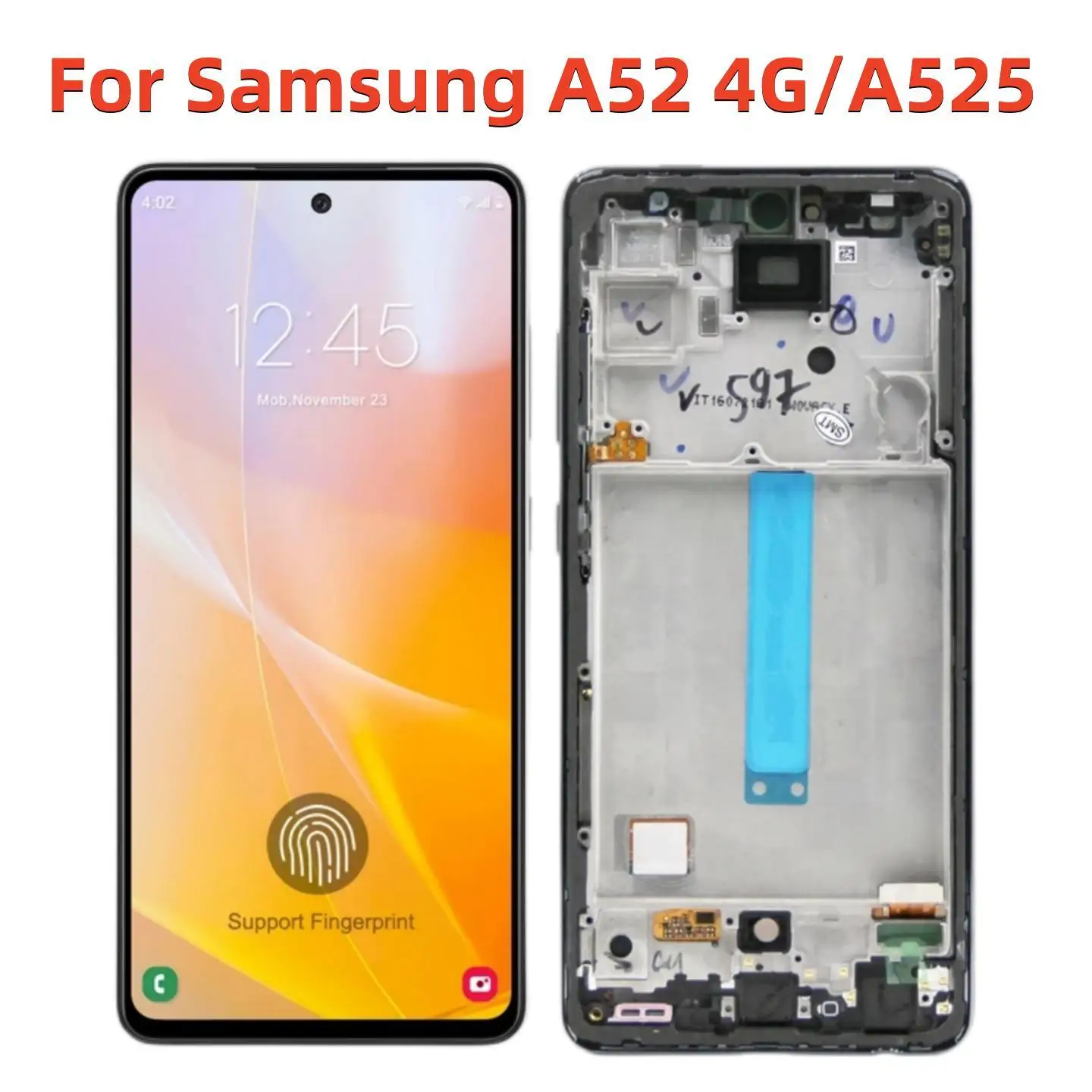 Super AMOLED A52 Display with Fingerprints, for Samsung Galaxy A52 A525 A525F Lcd Display Touch Screen Digitizer Replacement