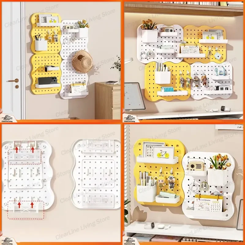4 Pack Punch Free Wall Storage Pegboard Set Upgraded Thickened Multi Functional Wall Mounted Organizer with Hooks and Shelves