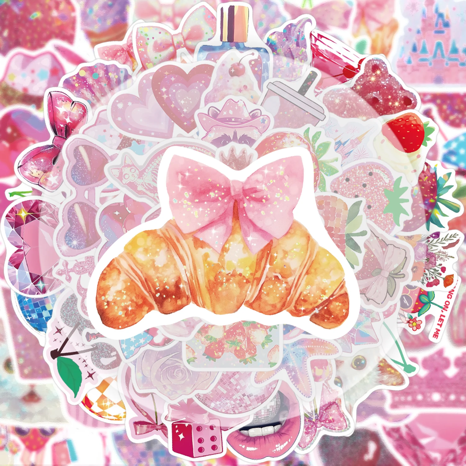 50 Pink Aesthetic Glitter Film Graffiti Stickers, Suitable for Decorating Water Bottles, Laptops, Cell Phones, Suitcases, Skateboards, Guitars, Gift Boxes, and Party Decorations