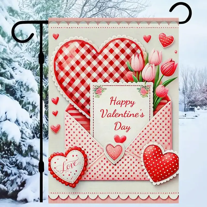BlissYard Valentine’s Day Garden Flag 12x18 Inch Double Sided Red Plaid Love Tulip Hearts Envelope Design Small Outdoor Yard zzo