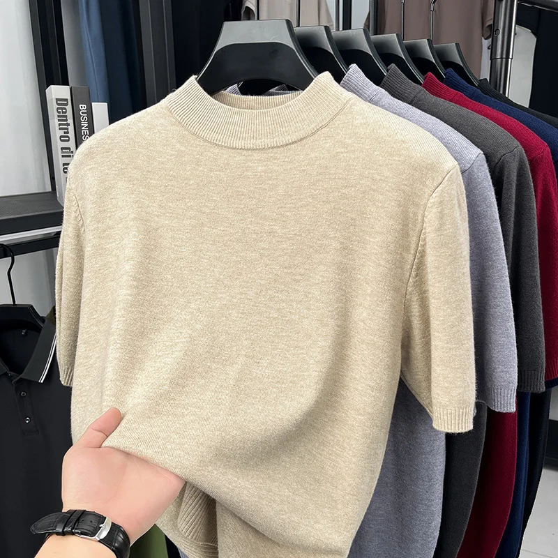 Herren Einfarbige Mock-Neck Kurzarm-Strick-T-Shirts Lässige Basis-Oberteile Weich Dehnbar Knitterfrei Für Alle Jahreszeiten Geeignet – Detail 10