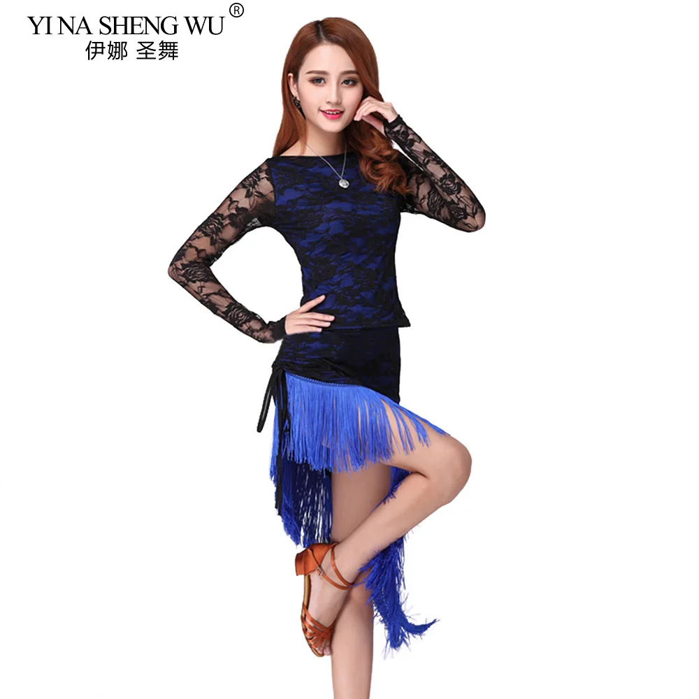 2 قطعة مجموعات فستان رقص اللاتينية شرابة أنيقة مثير المرأة التانغو السالسا اللاتينية أزياء رقص الدانتيل شرابة المرقعة Dancewear أعلى + تنورة