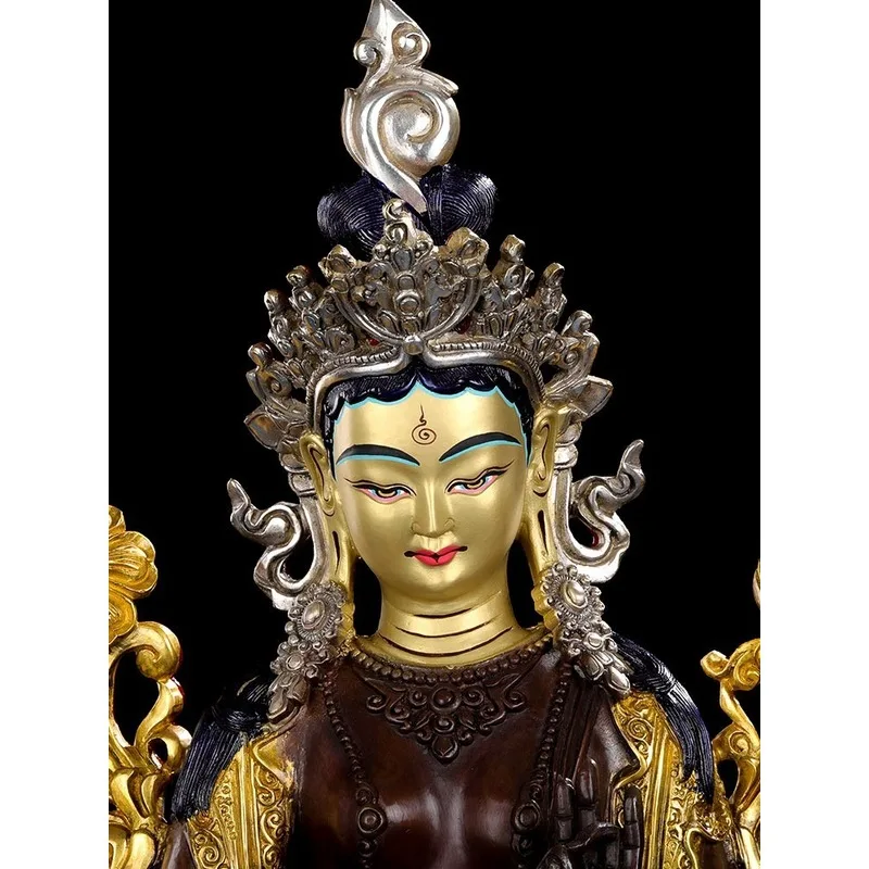 Tibetan Tantric Green Tara Buddha Statue Ornament, Antique Bronze with Gold and Silver Plating, Avalokiteshvara Bodhisattva Budd