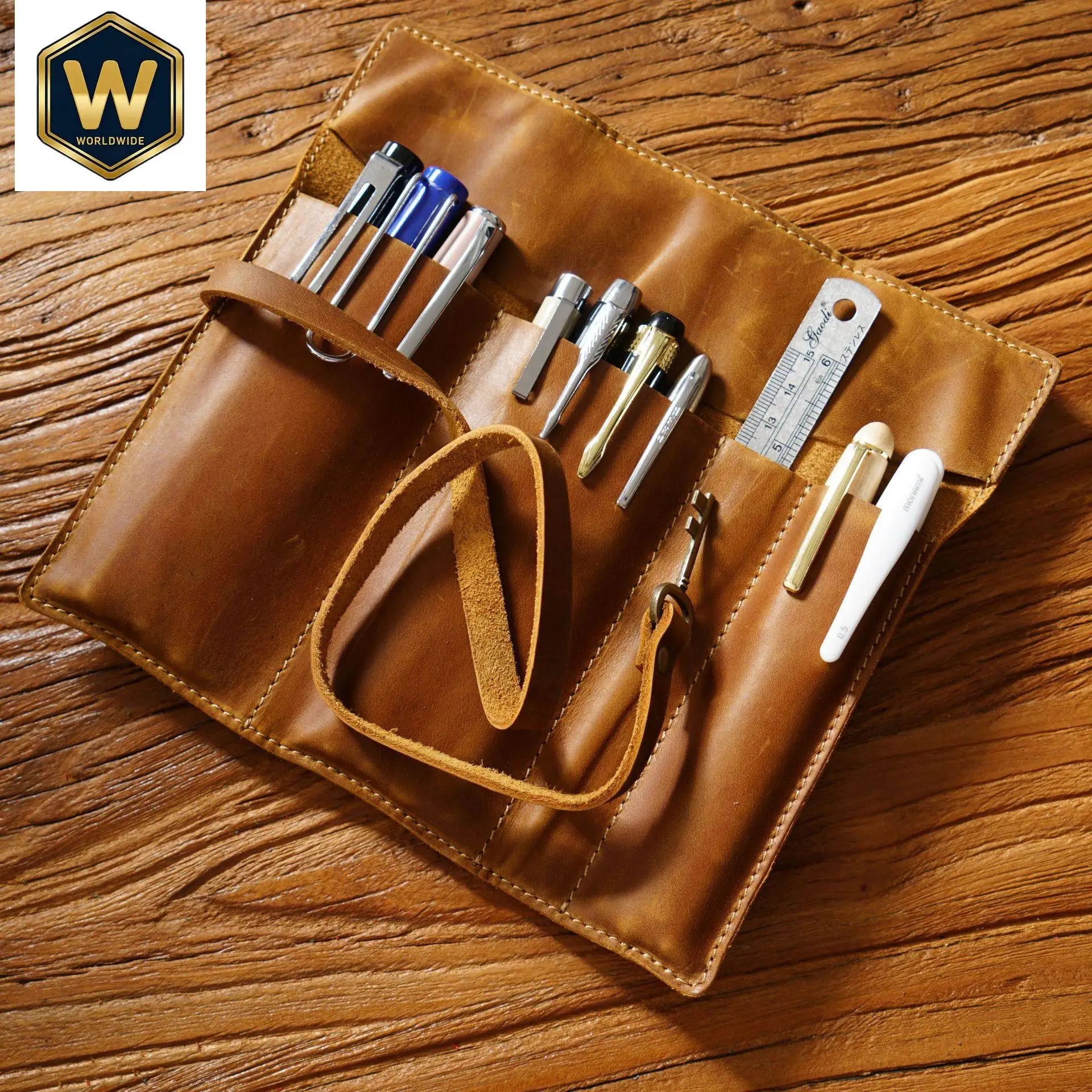 Vintage Cowhide Pencil Case, Tri-Fold Pen Clip, Handmade Multi-Function Real Leather Pencil Case, Crazy Horse Leather Pen Cover