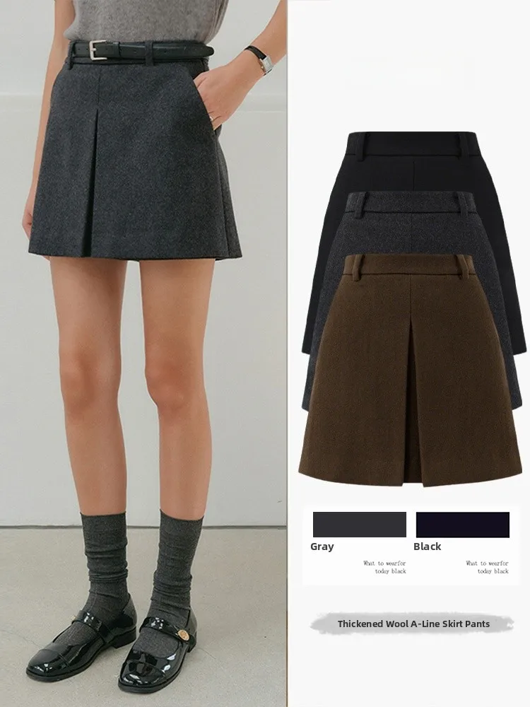 

High Waist A-Line Skirt Pants Women's Woolen Autumn Winter Faion Small Size High Waist Skirt Commute Sle
