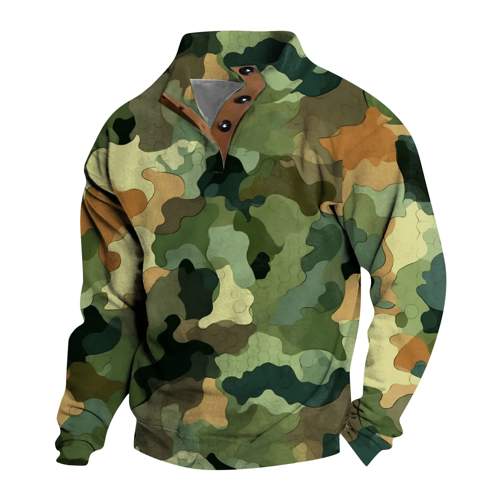 Camouflage Print Men'S Sweatshirt Buttons Collar Sweater Top Oversized Long Sleeve Clothing For Male Winter Casual Streetwear