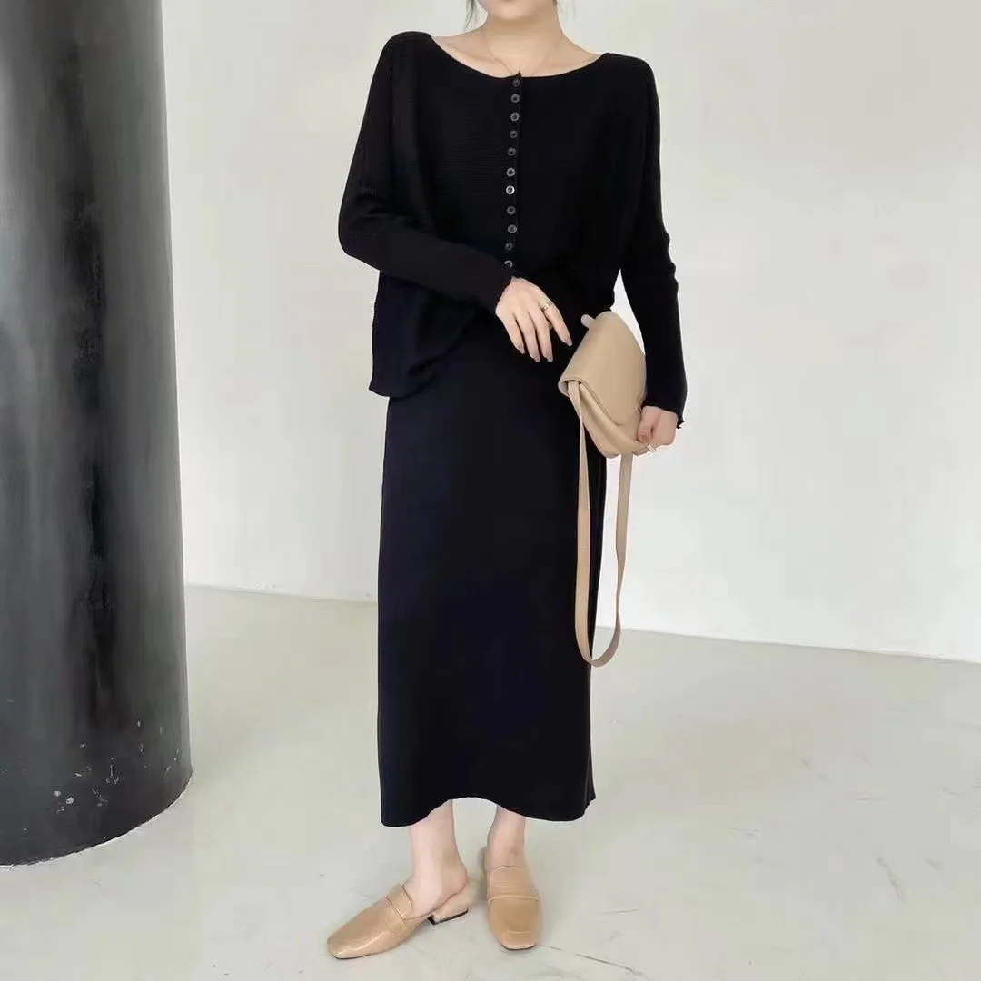 New Autumn Korean Fashion Knitted Two Piece Set for Women Casual Loose Cardigan Sweater + Split Midi Skirt Sets Elegant Suits